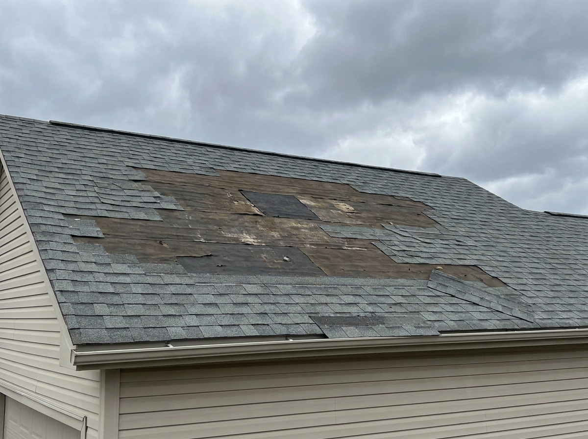 Missing shingles from wind storm damage