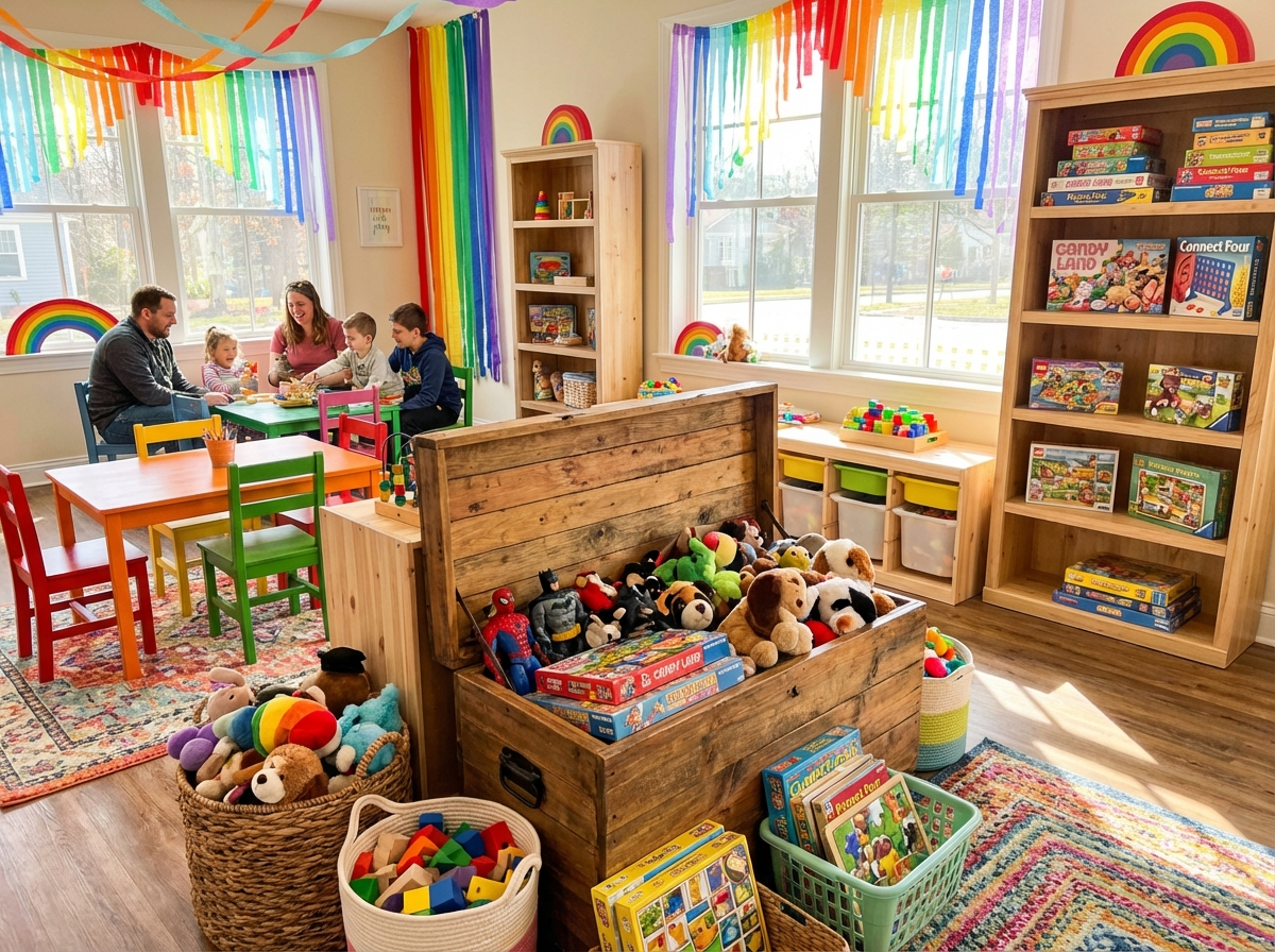 Colorful toy bin filled with board games and toys