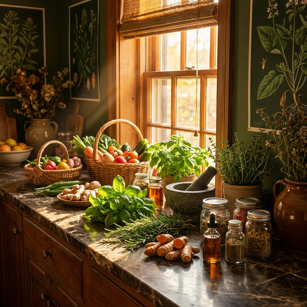 The Medicine Cabinet — healing herbs, spices, and natural remedies in a kitchen sanctuary