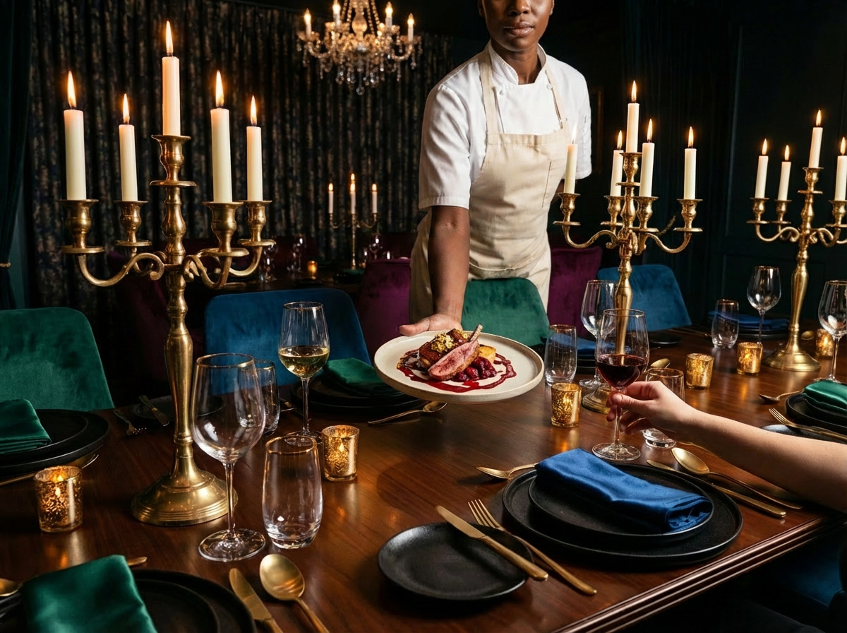 Black Diamond TheeCreatress serving as private chef at a luxury candlelit dinner
