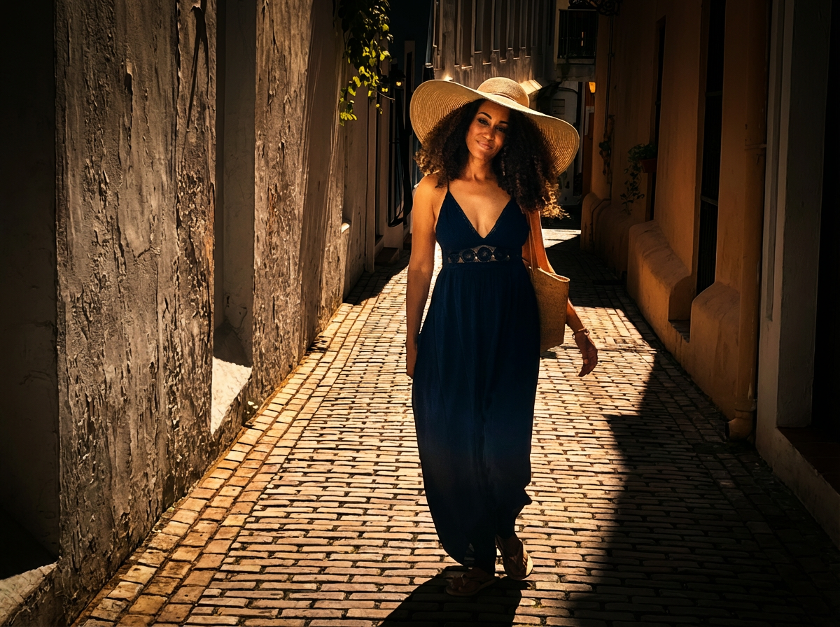 Black Diamond TheeCreatress in a flowing blue dress walking through a sun-drenched cobblestone alley