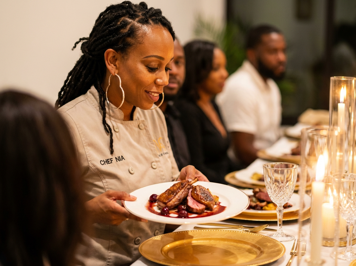 Black Diamond TheeCreatress serving as private chef at a luxury dinner