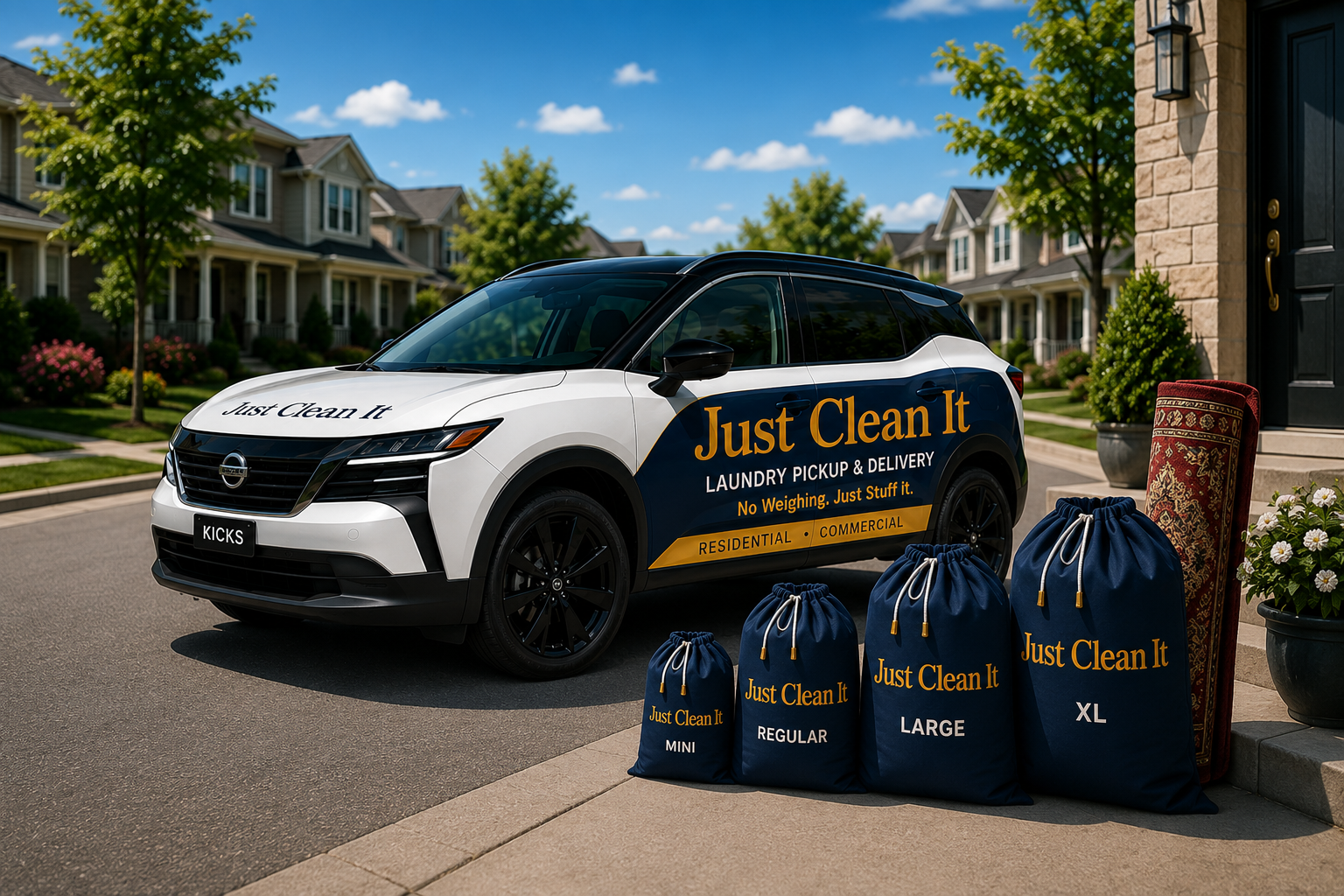 Just Clean It laundry pickup and delivery vehicle beside four navy Bag System bags in Mini, Regular, Large, and XL sizes