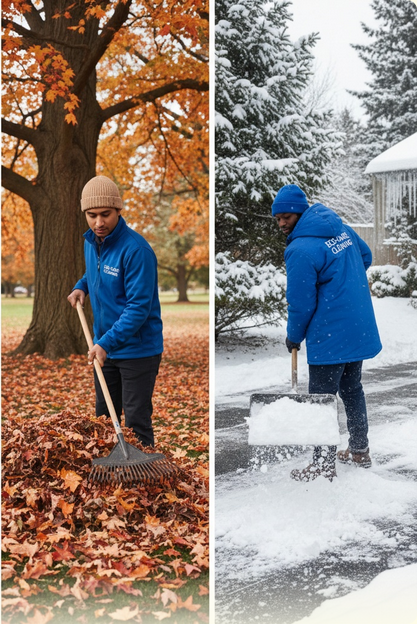 Just Clean It employee-based outdoor seasonal cleaning team in Toronto and Scarborough—fall and winter scenes with lawn raking and snow shoveling