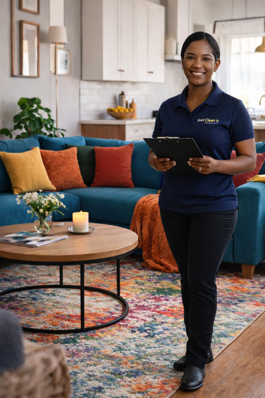 Just Clean It professional representing the Lifestyle Management Cleaning difference in a calm, well-kept home