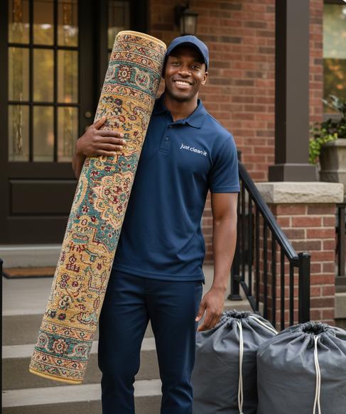 Just Clean It team member with rug and laundry bags