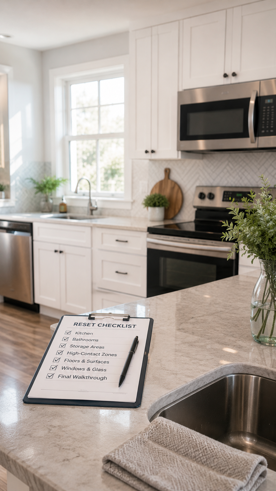 Reset checklist on a clipboard in a bright kitchen after move-in or move-out preparation