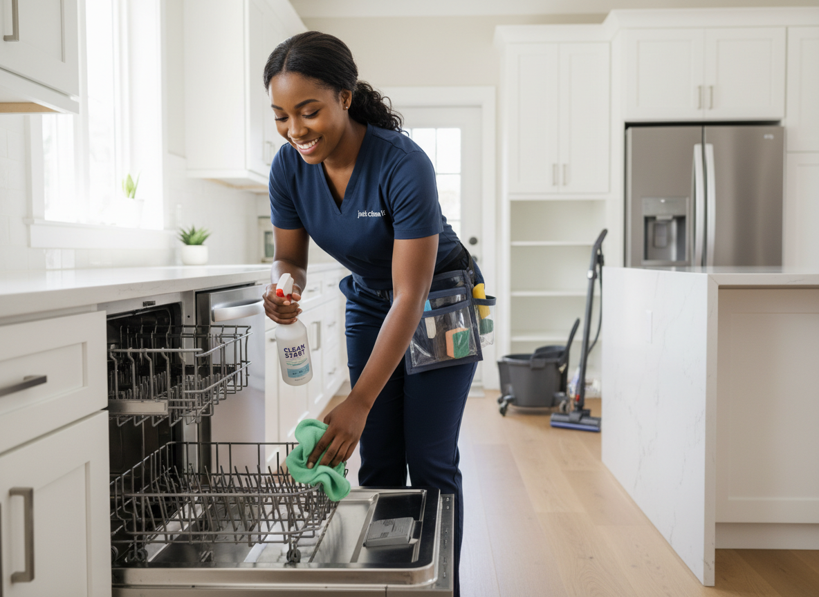 Black female professional cleaner performing a detailed move-in kitchen reset for Just Clean It