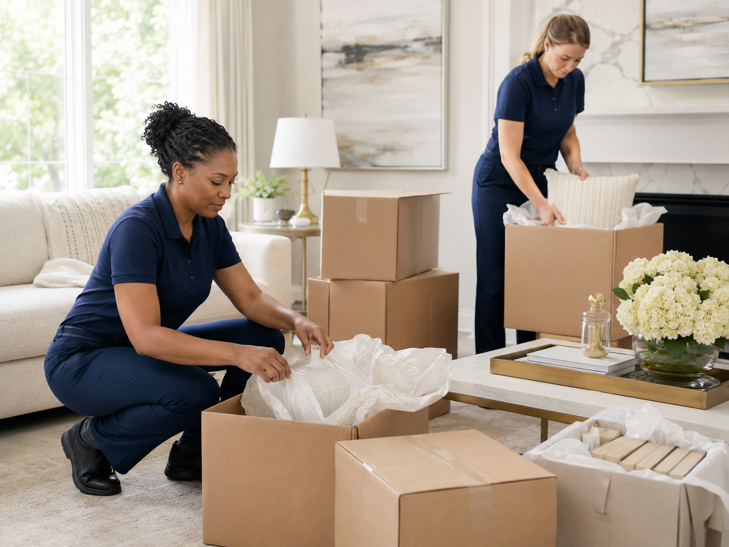 Professional team carefully packing and organizing household items during a property transition