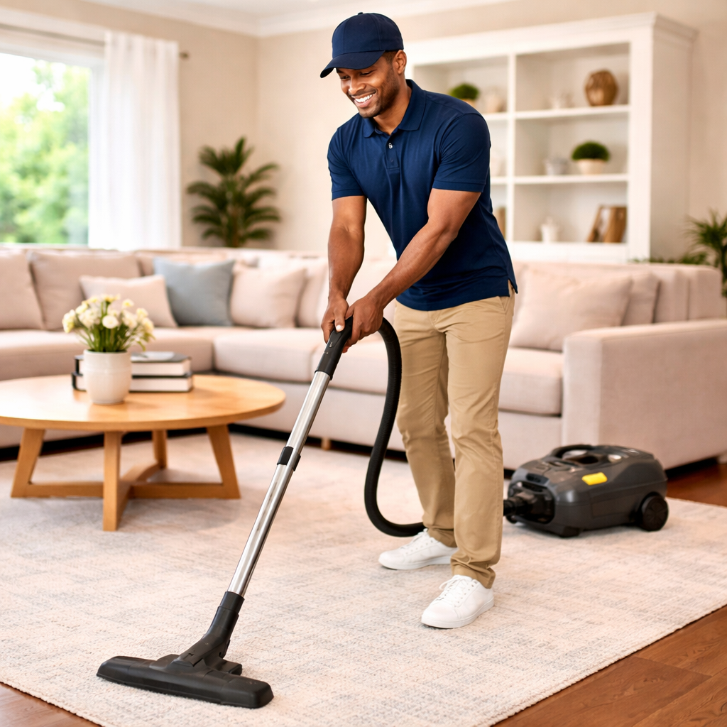 Just Clean It team member restoring a clean and balanced home interior