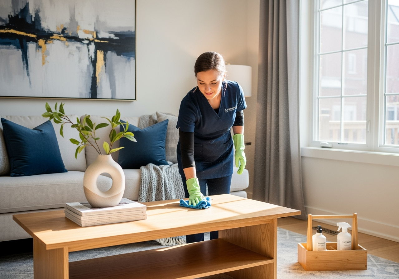Friendly professional cleaner providing regular maintenance in a modern home