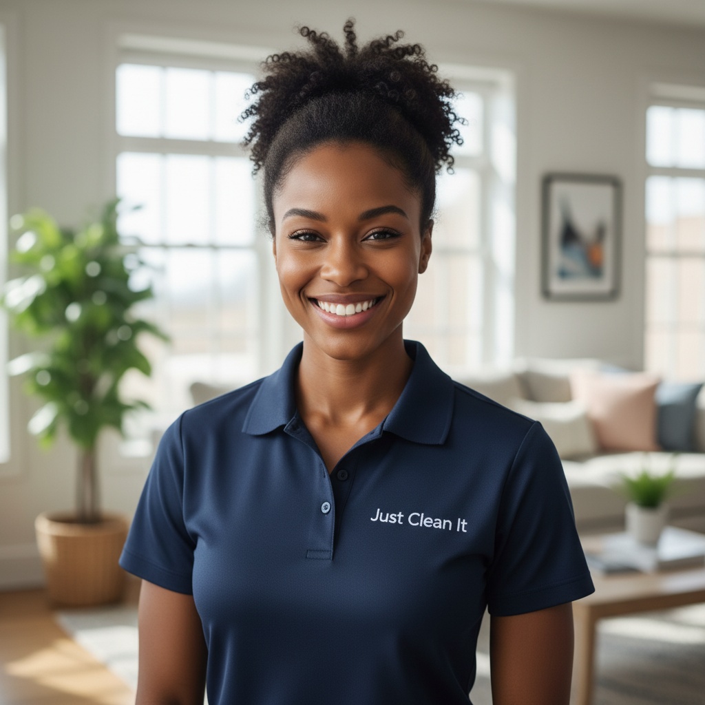 Professional Just Clean It employee wearing navy blue company shirt