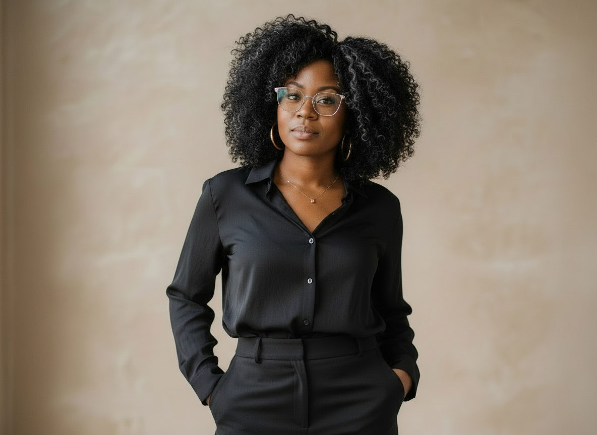 Professional in black outfit with silver glasses - Just Clean It Lifestyle Management