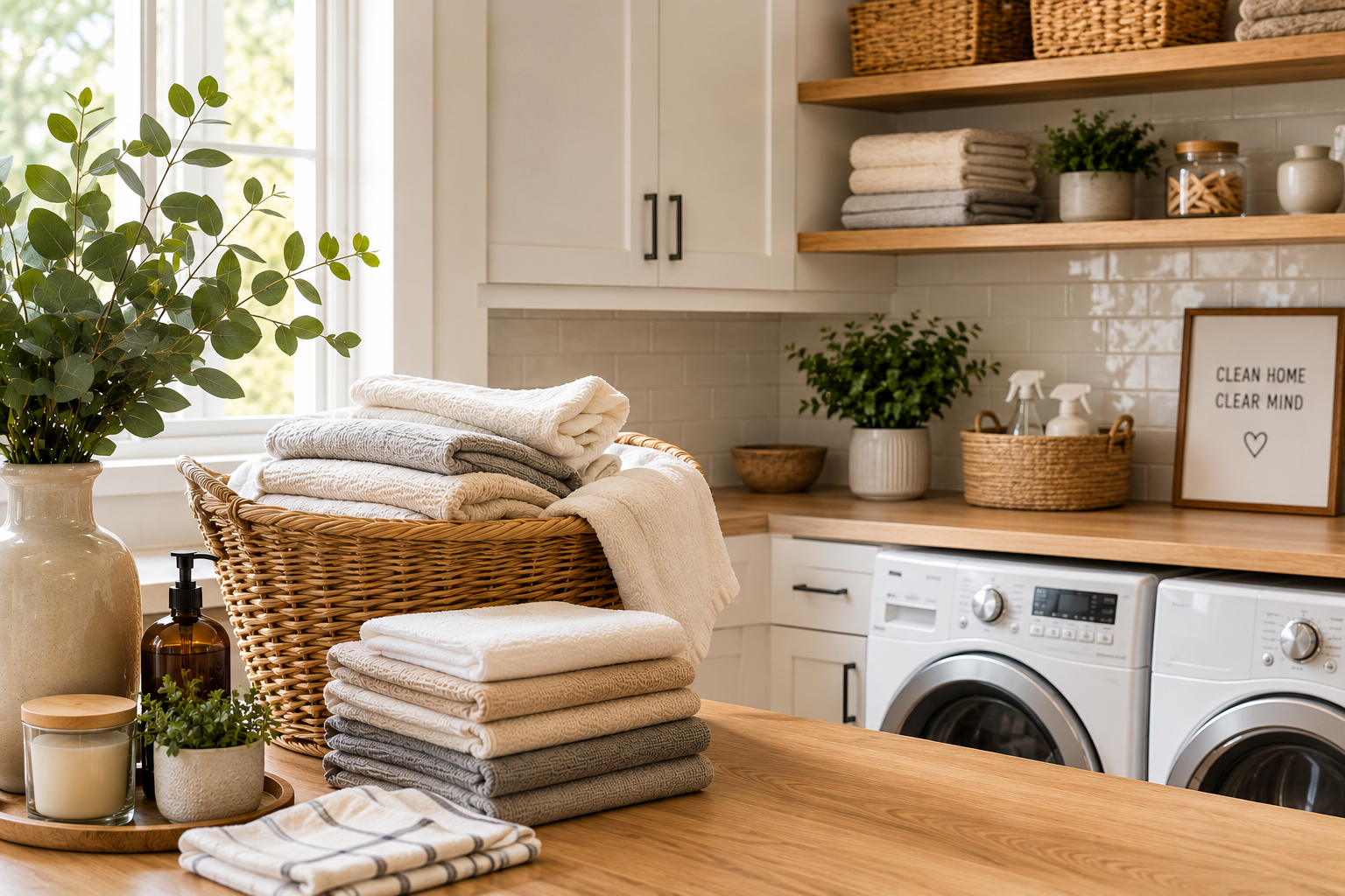 Laundry management and household textiles organized in a bright home laundry space