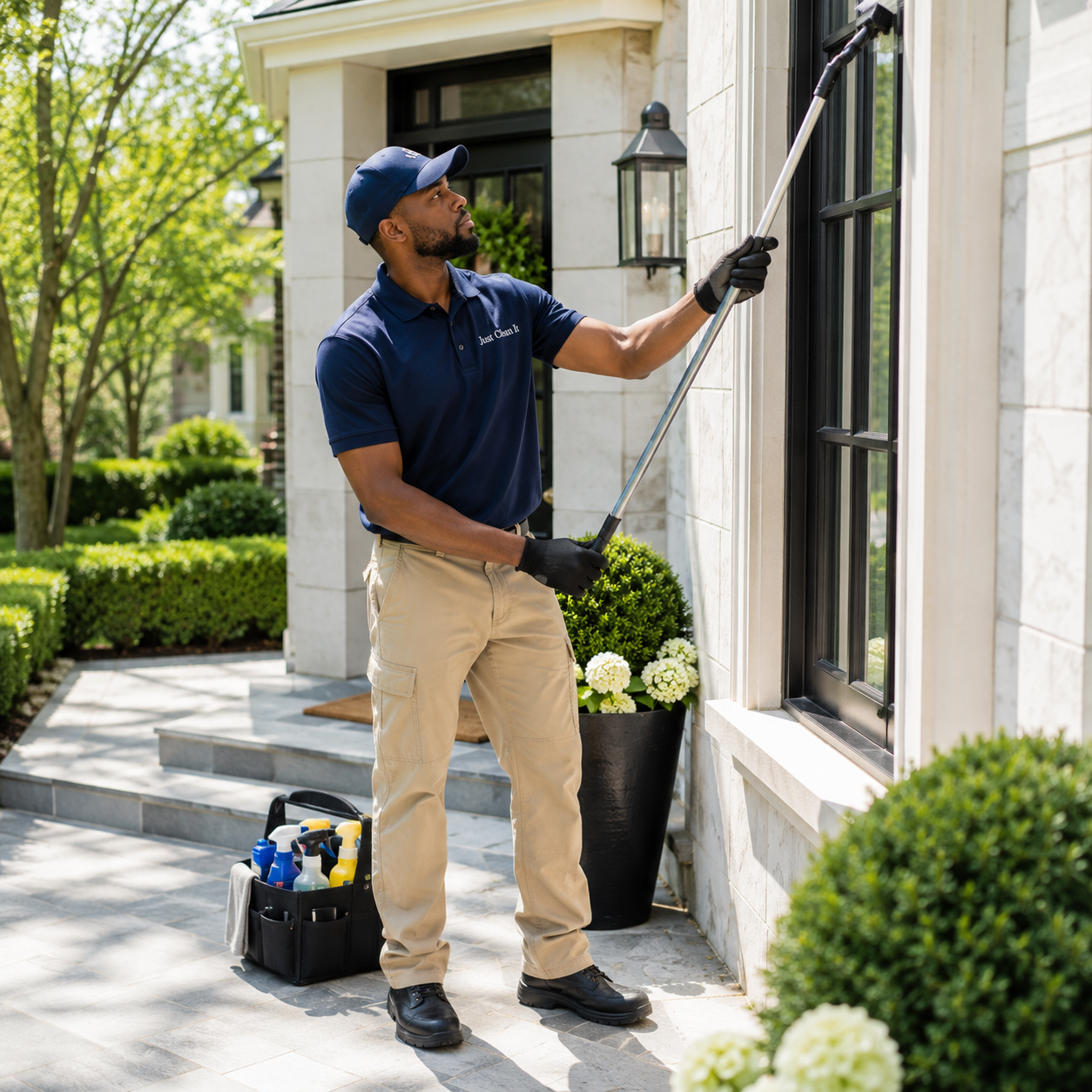 Just Clean It professional performing exterior property care and window cleaning