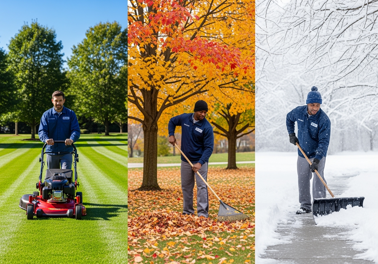 Seasonal Outdoor Solutions Toronto — summer lawn mowing, fall leaf raking, winter snow removal with winter hat and gloves