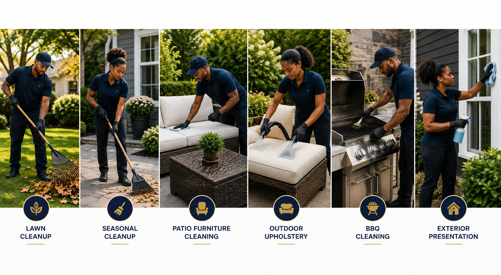 Seasonal property care including lawn cleanup patio furniture cleaning BBQ cleaning and exterior presentation