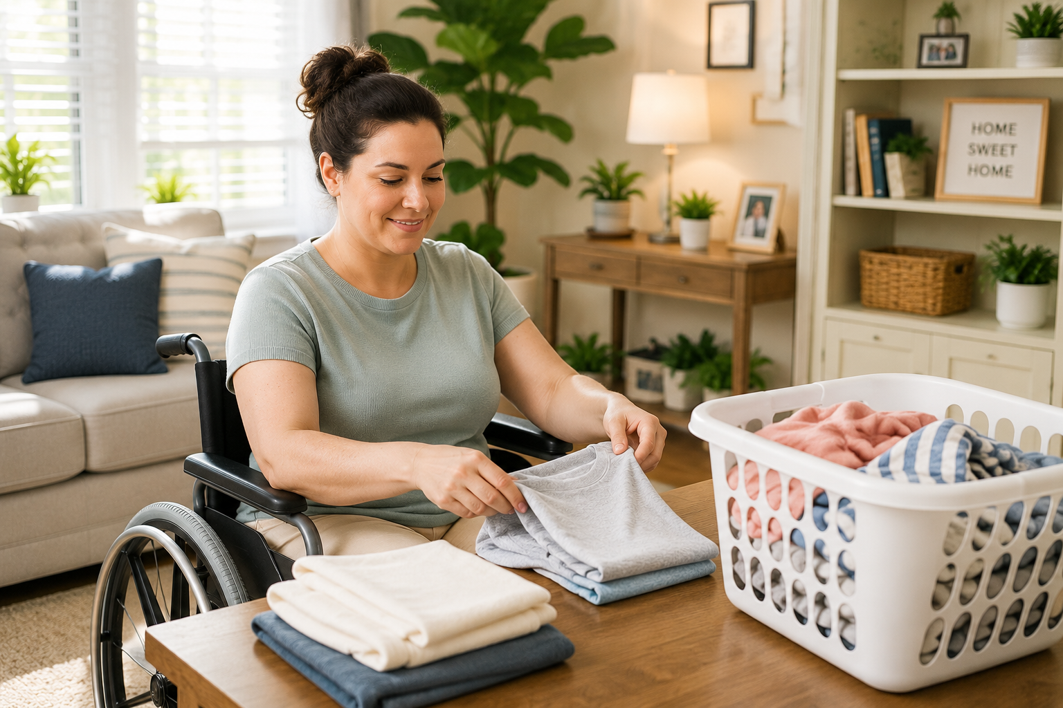 Person maintaining independence at home with structured household support