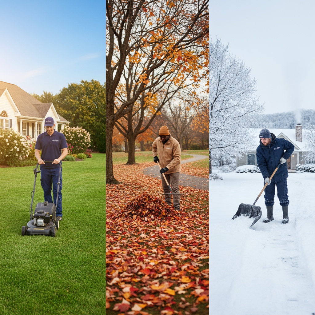 Just Clean It seasonal outdoor care team member mowing lawn, raking leaves, and shoveling snow