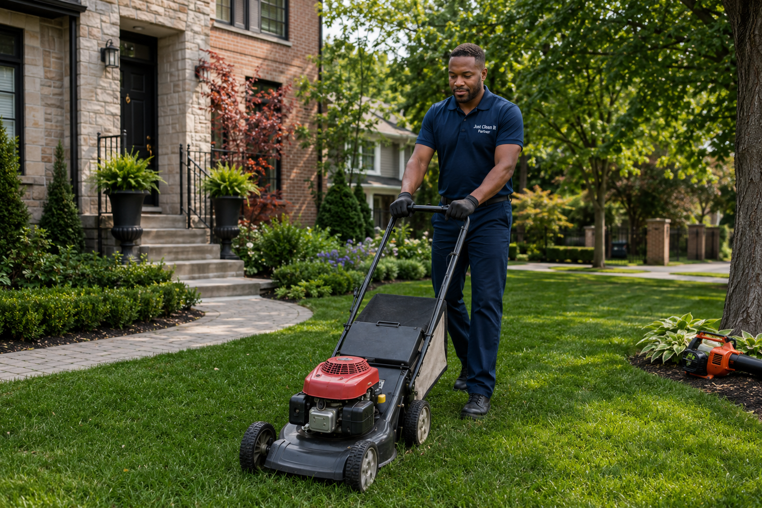 Just Clean It team cleaning the walkway and entrance of a Toronto home