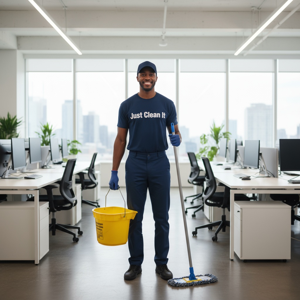 Just Clean It Office Cleaning – Light-skinned Black male, uniform, yellow bucket, modern office, natural proportions