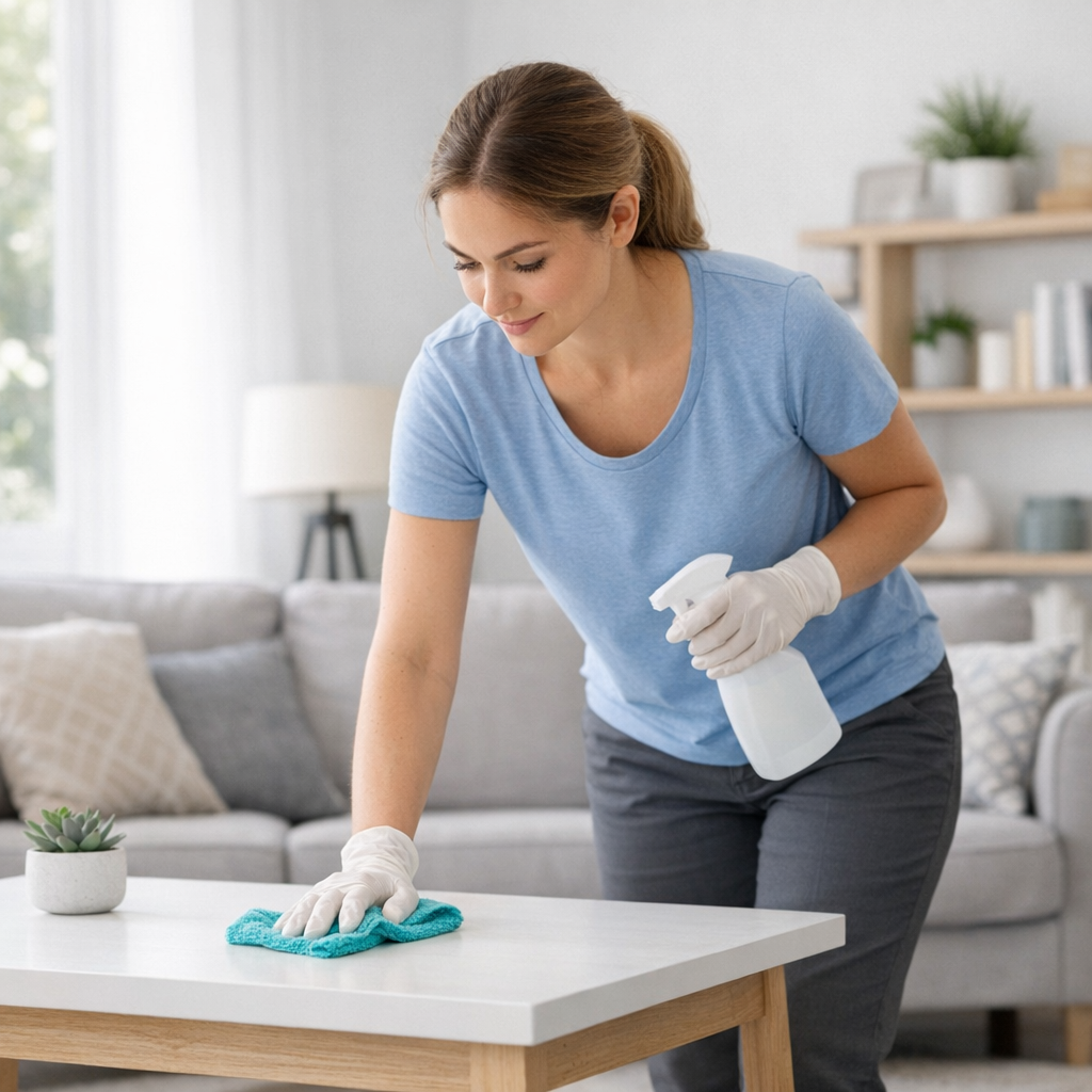 Professional cleaner maintaining a bright living room
