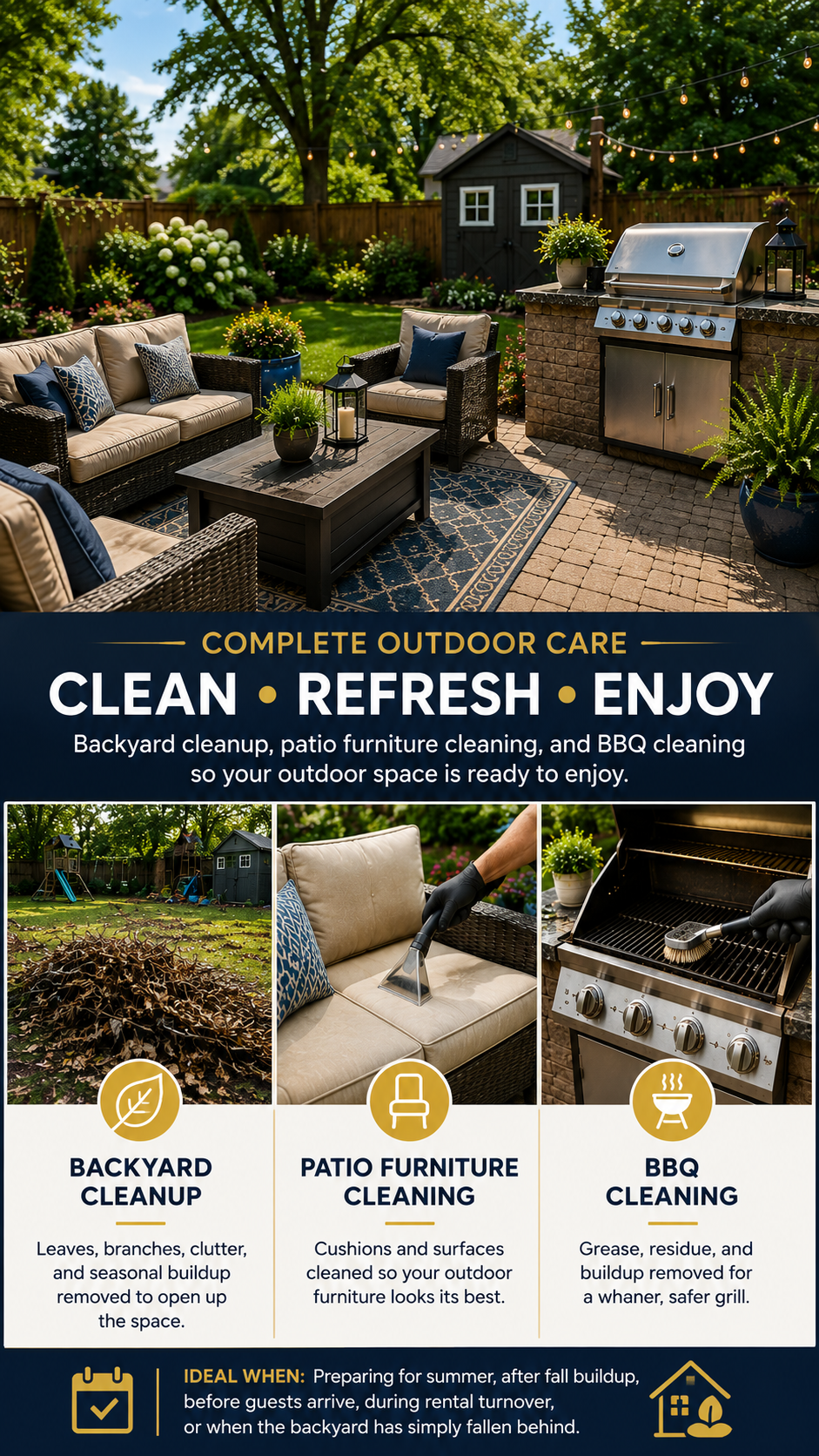 Backyard cleanup, patio furniture cleaning, and BBQ cleaning support