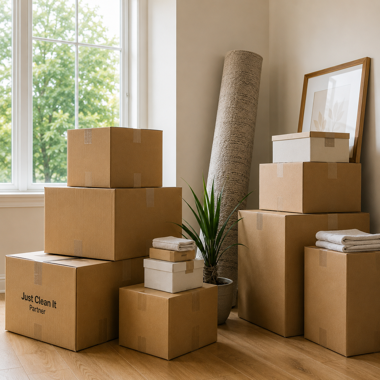 Move-in move-out cleaning support with packed boxes in a Forest Hill home