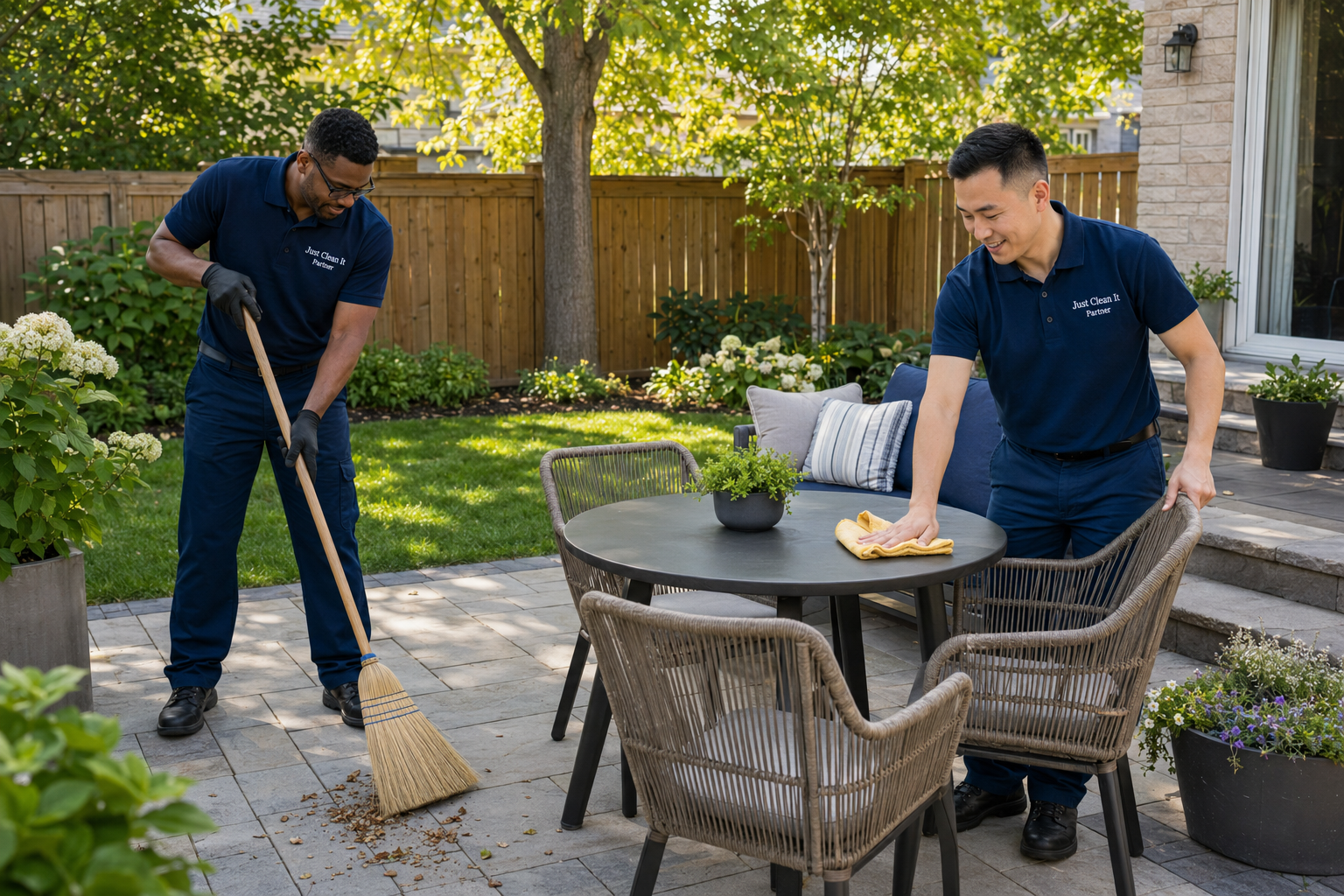 Just Clean It team cleaning and preparing a backyard patio for seasonal use