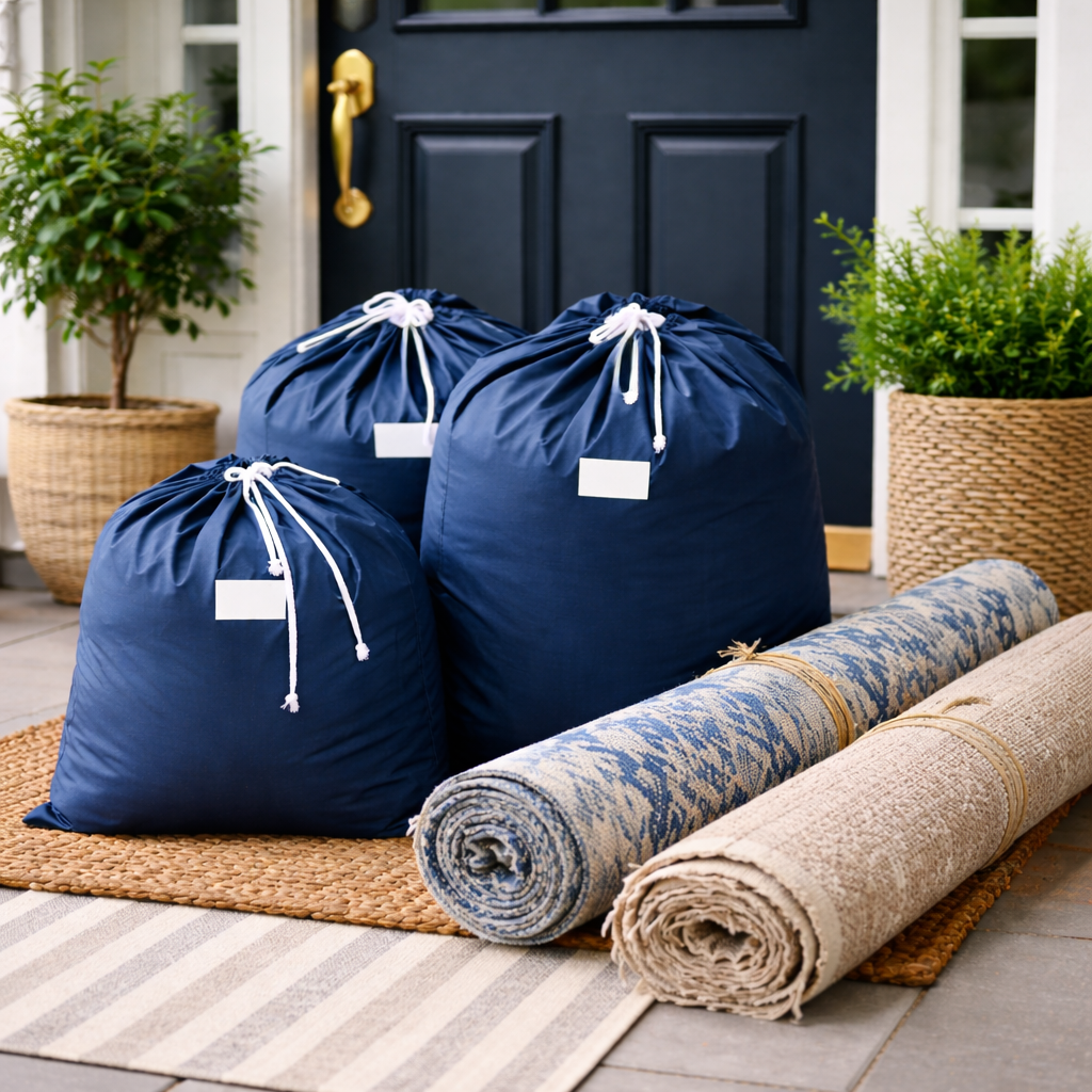 Laundry bags and rugs ready for pickup at the door
