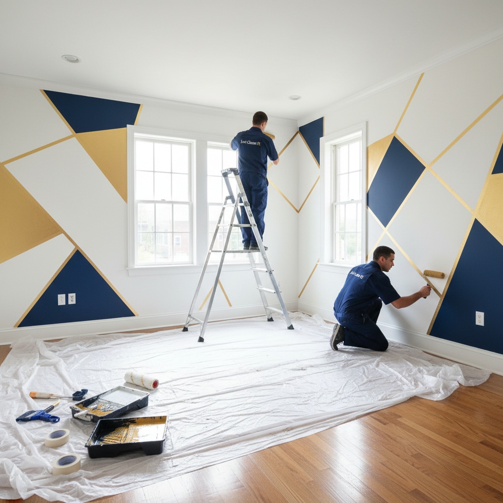 Empty room with drop cloths and two painters in navy uniforms, Just Clean It painting service