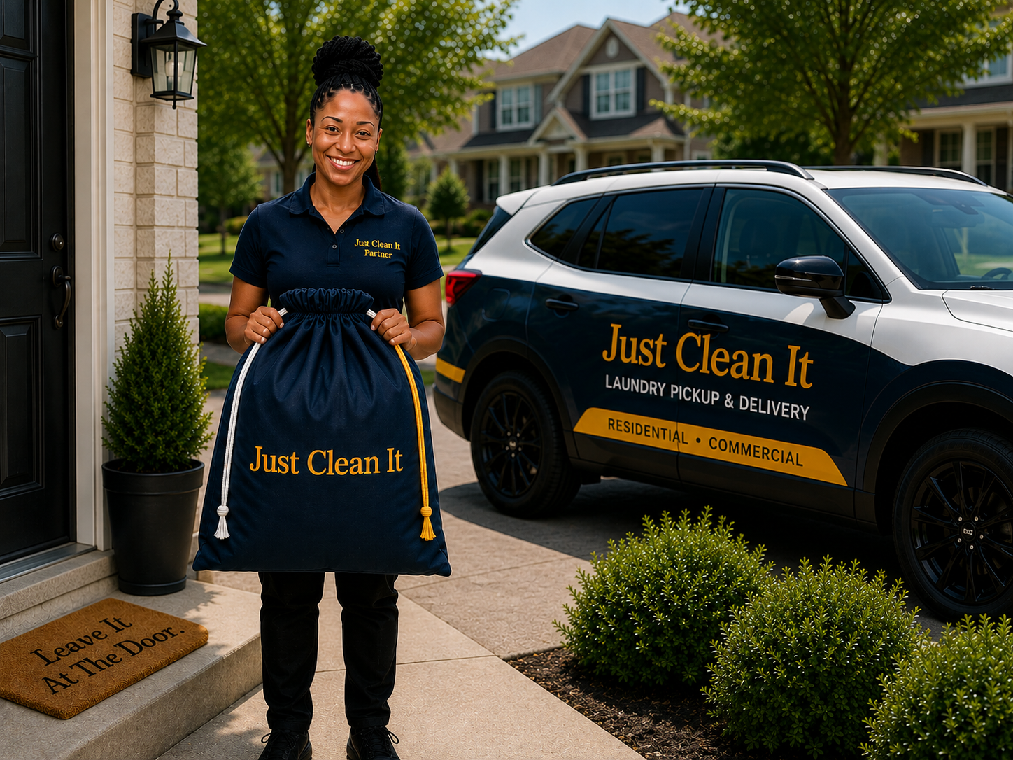 Just Clean It Partner presenting The Bag System laundry pickup and delivery service beside the company vehicle