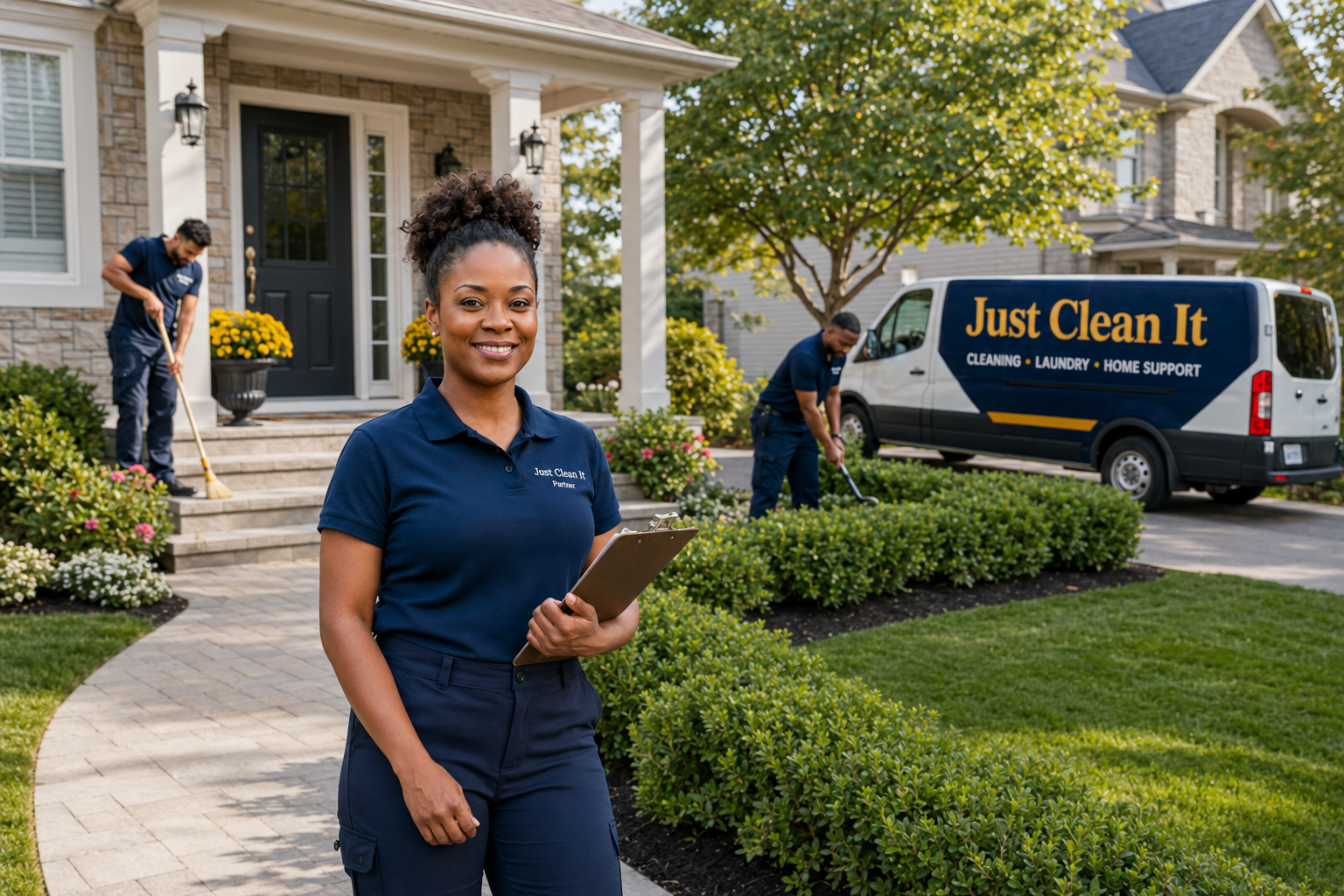 Just Clean It team completing a final exterior property presentation review