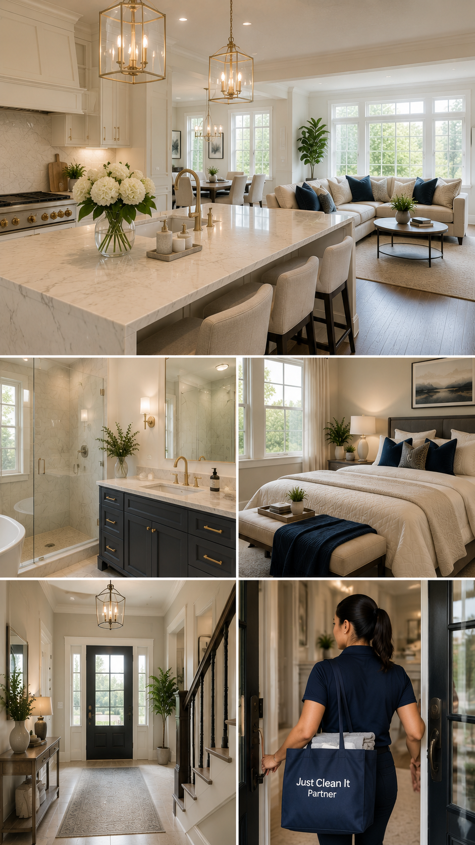 Forest Hill hero collage showing kitchen, bathroom, bedroom, entryway, and Just Clean It Partner arrival