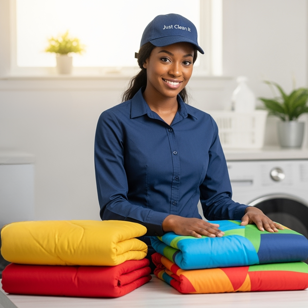 Comforter laundry service by Just Clean It in Toronto and Scarborough – African American woman folding comforters