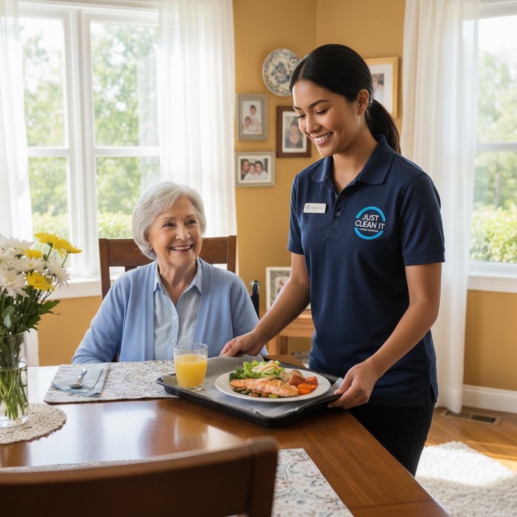 Just Clean It employee serving meal to senior in wheelchair