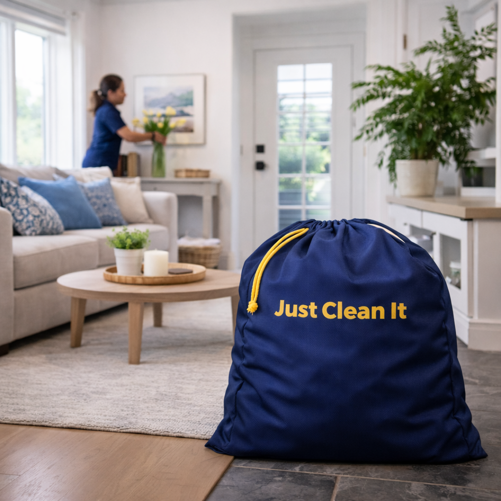 Just Clean It laundry system bag in a living room environment