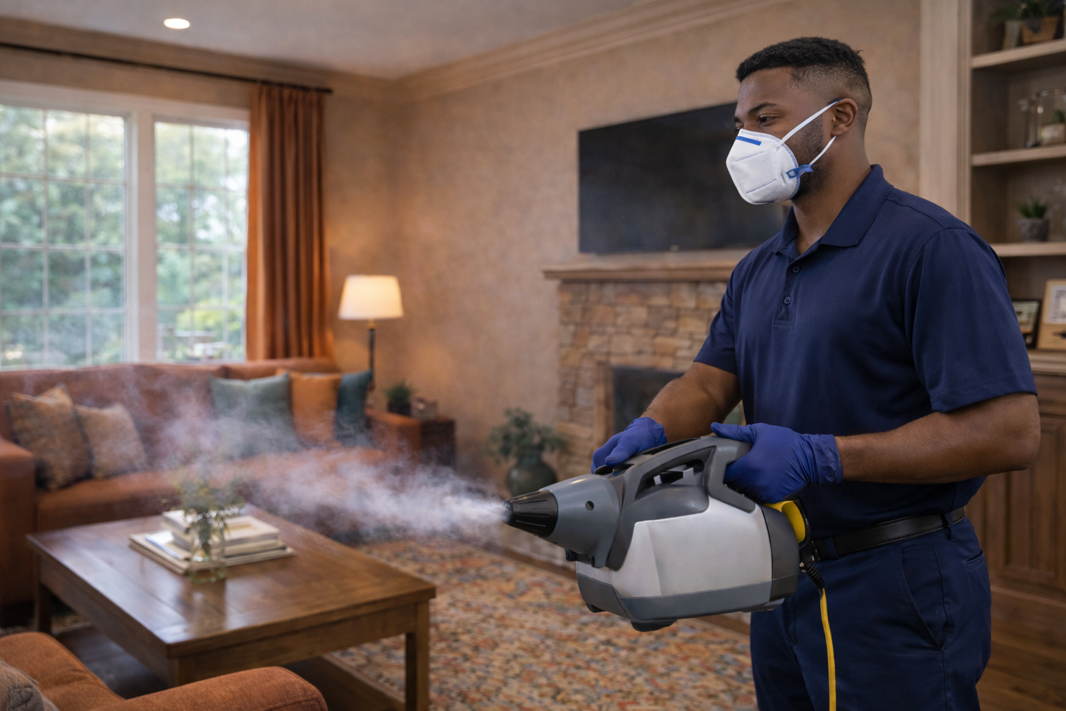 Professional fogging and misting treatment within a residential environment