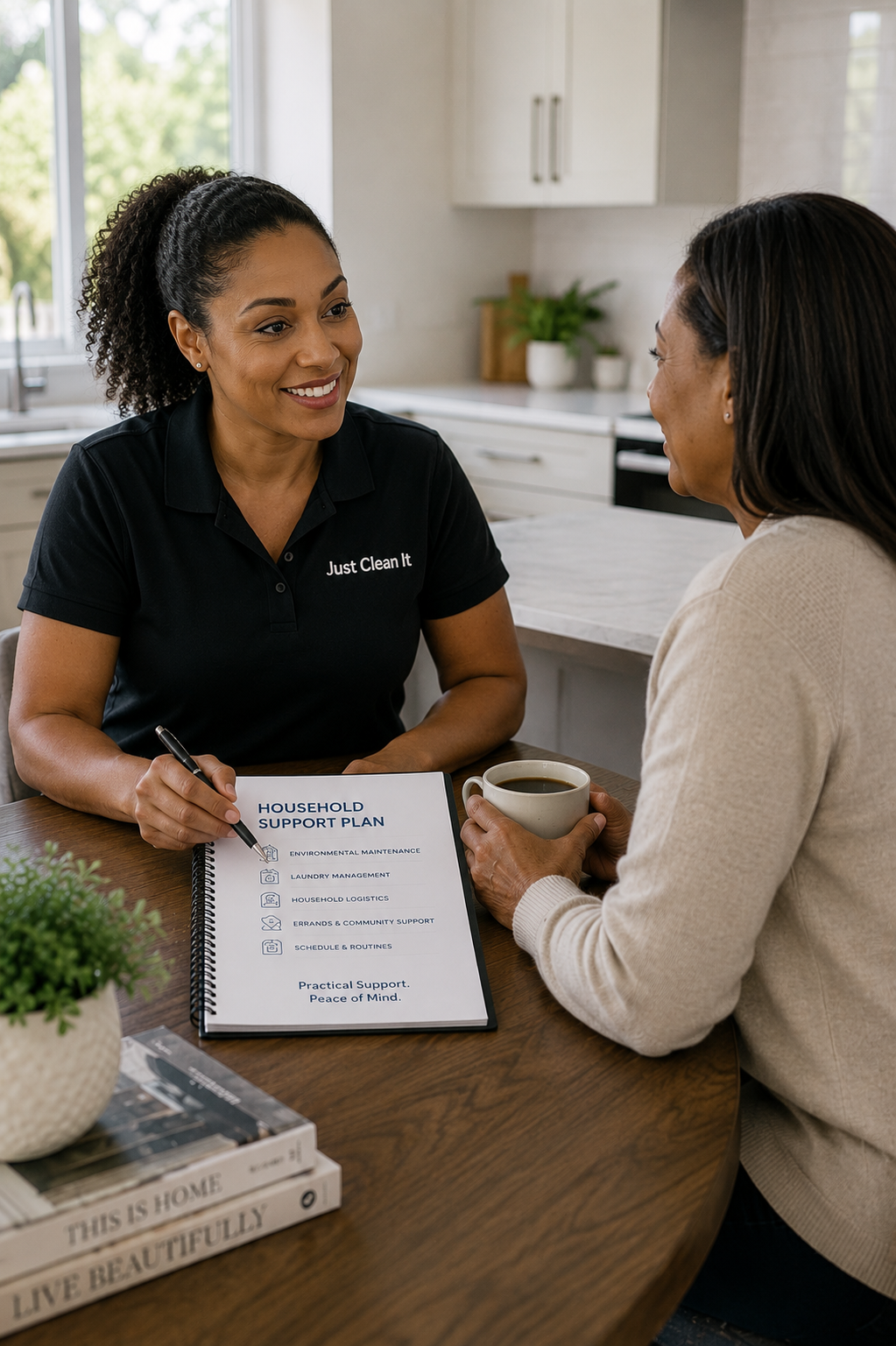 Lifestyle Coordinator discussing household support requirements with homeowner