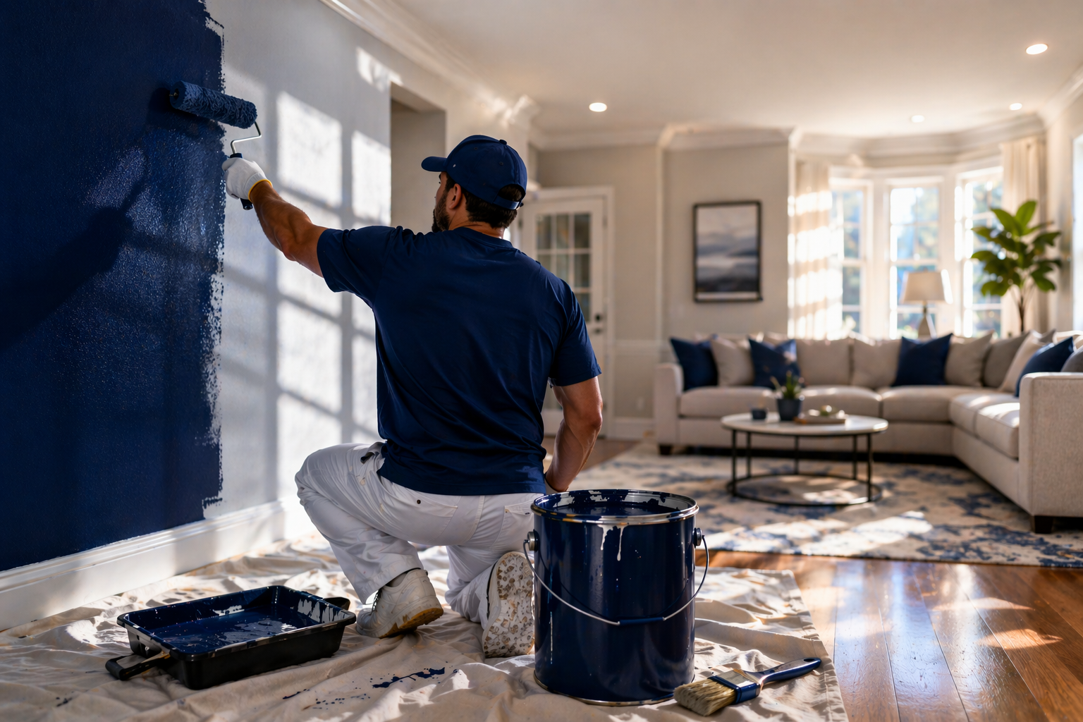 Painter completing interior finishing work in a move-in ready home