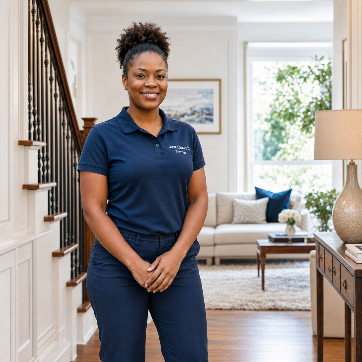 Niza, a Just Clean It employee-based team member, standing inside a residential home