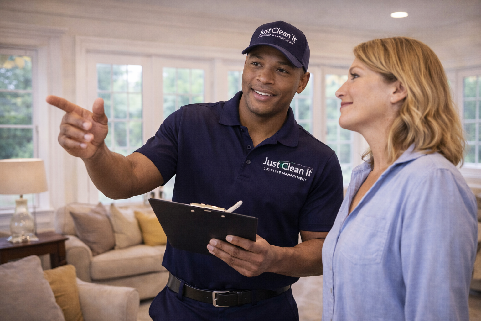 Just Clean It team member reviewing service with a client in a premium home