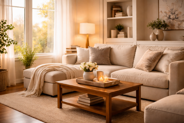 Warm, well-managed home interior with continuity and lived-in comfort