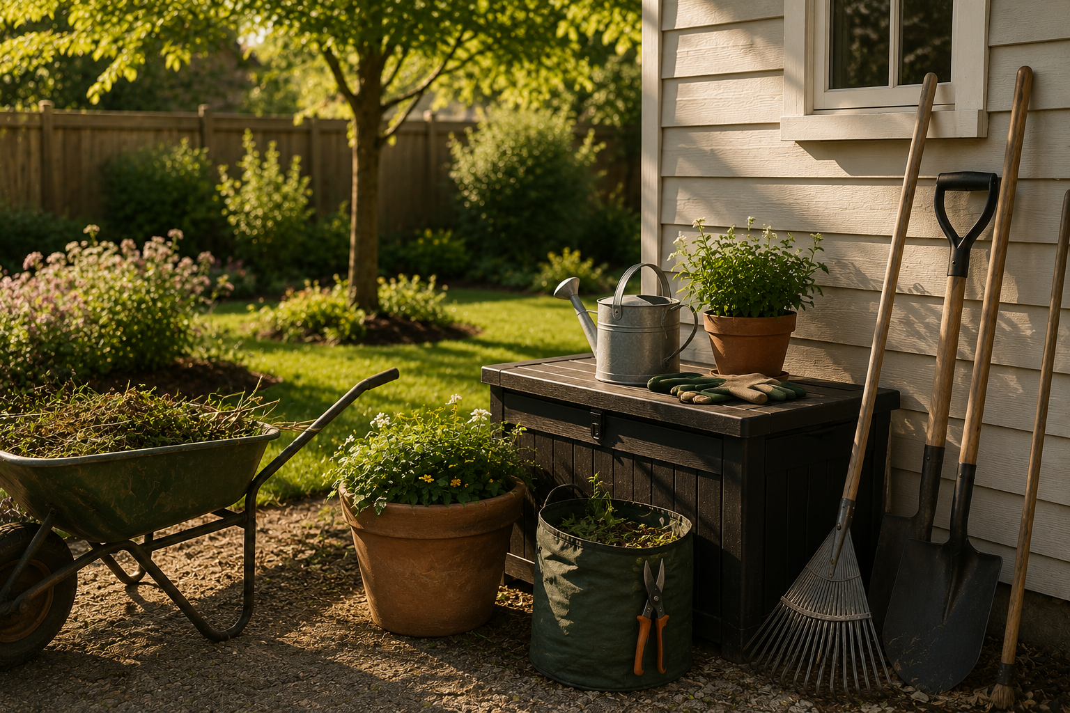 Seasonal responsibilities and outdoor property care tools prepared for upkeep