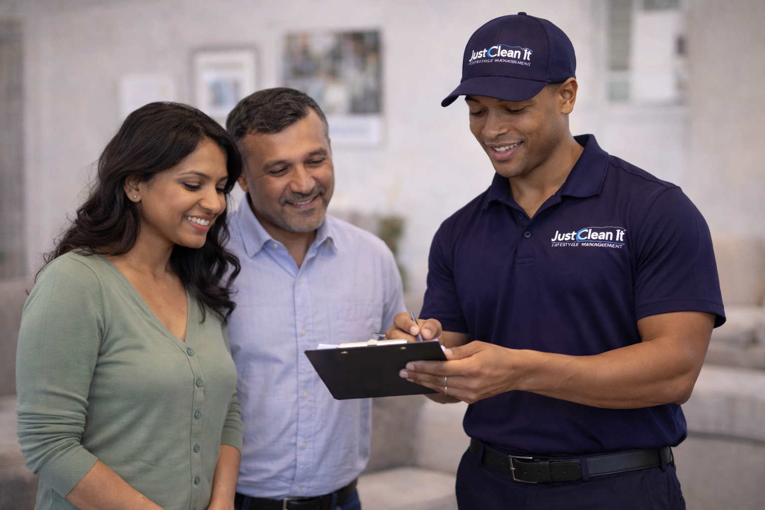 Just Clean It team reviewing odour and mould remediation plan with clients