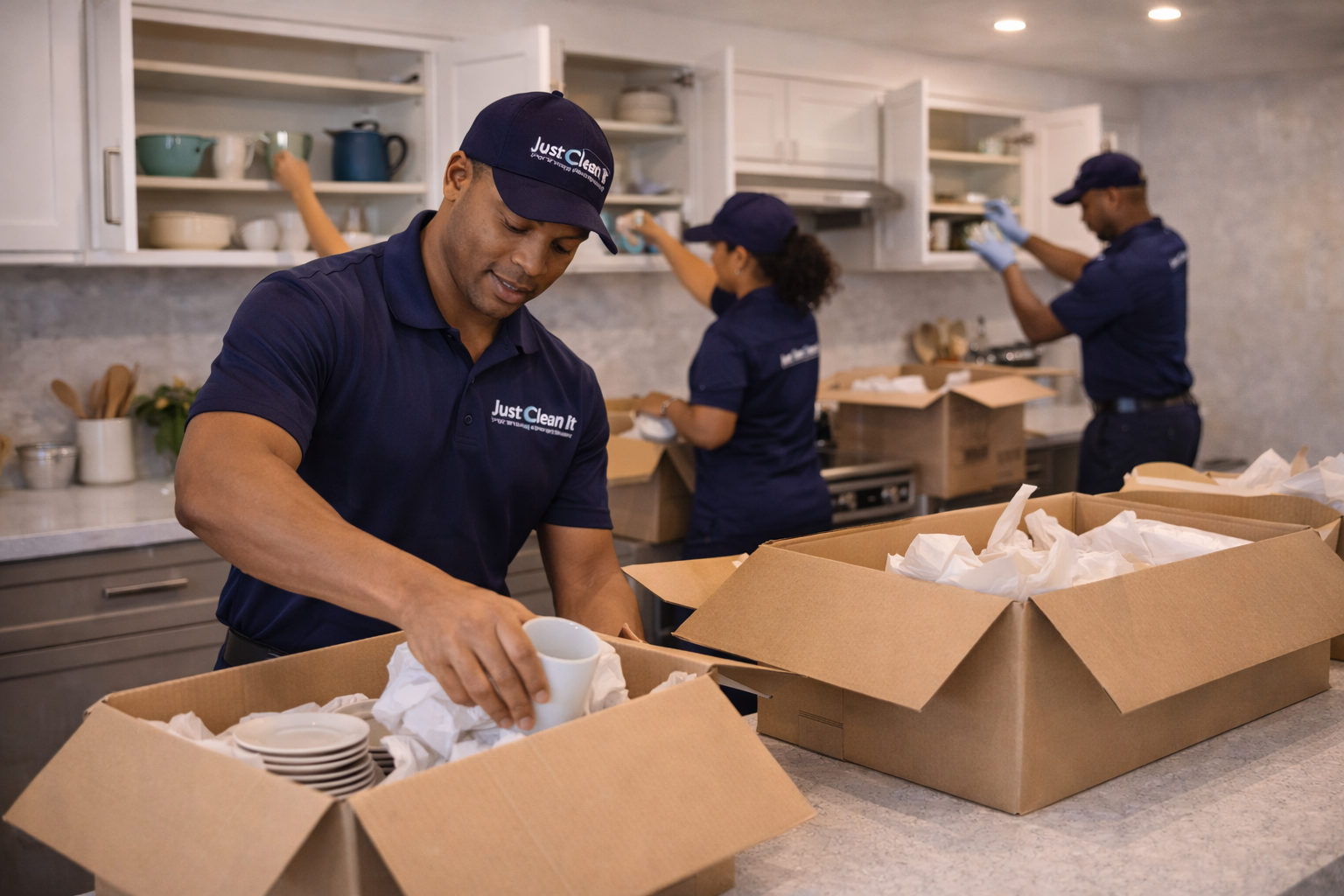 Just Clean It team preparing home for pest treatment