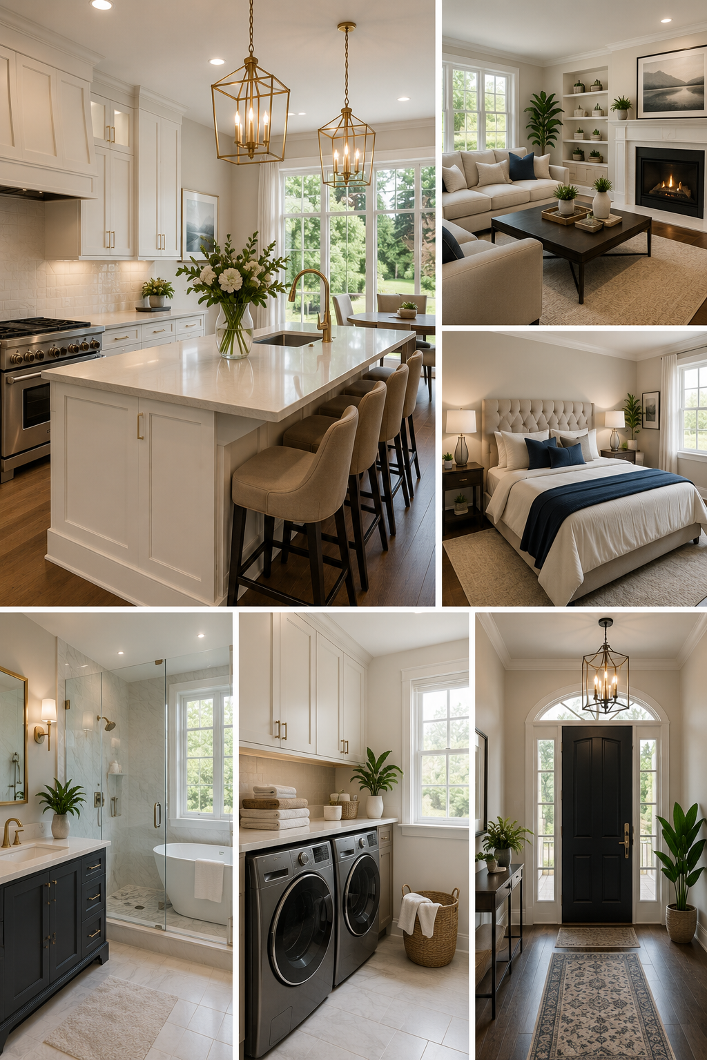 Richmond Hill house cleaning collage showing maintained kitchen, living room, bedroom, bathroom, laundry support, and entryway
