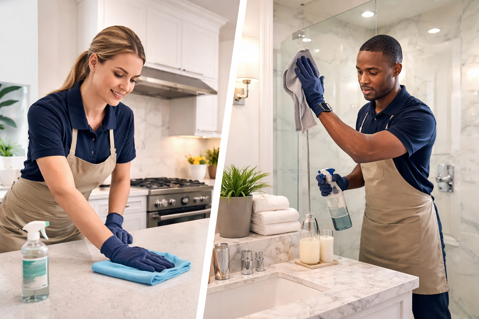 Just Clean It team cleaning kitchen and bathroom