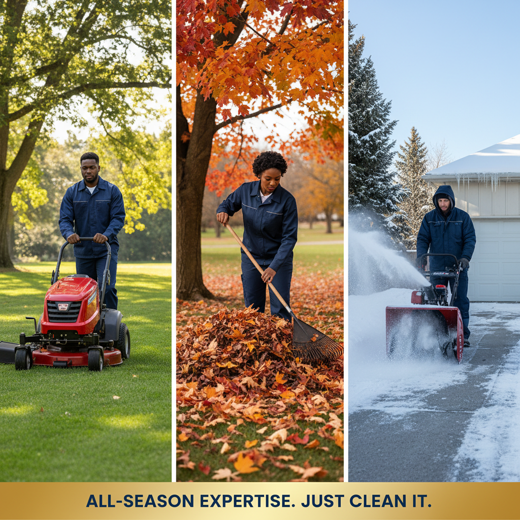 Diverse Just Clean It professionals providing all-season outdoor services for lawn care, leaf removal, and snow clearing