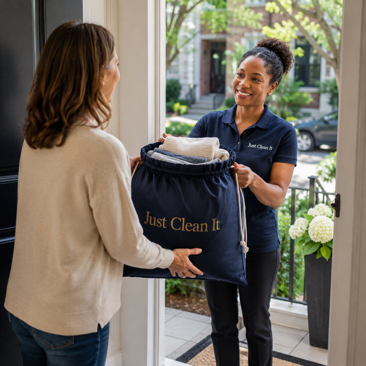 Just Clean It laundry pickup and delivery at the front door